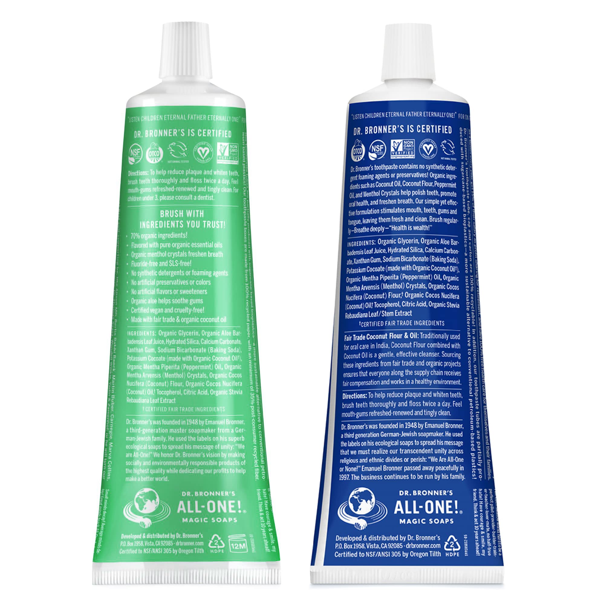 Back view of Dr. Bronner’s All-One Toothpaste 2-pack packaging