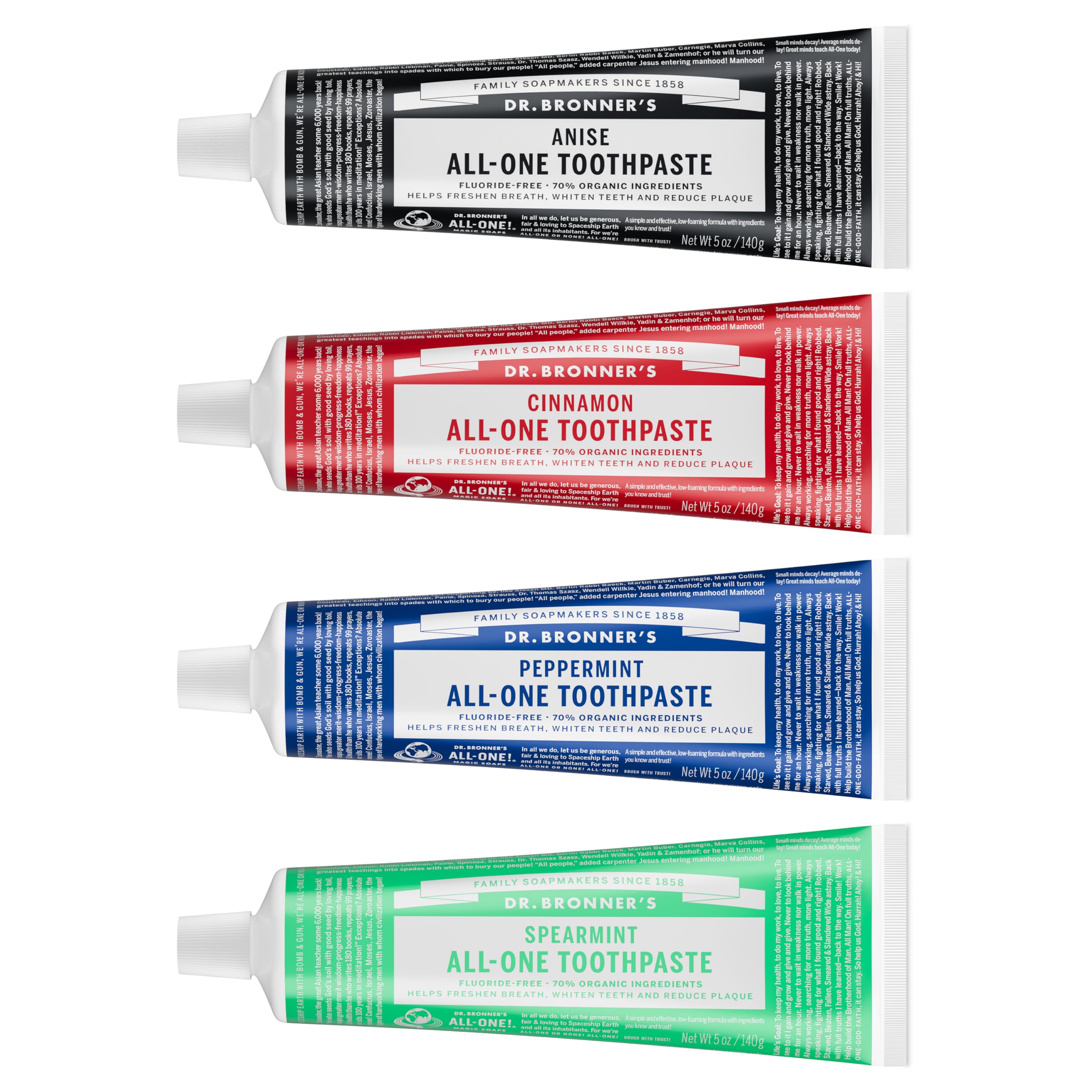 Dr. Bronner's All-One Toothpaste 4-Pack Variety – Peppermint, Spearmint, Cinnamon & Anise (5 oz each)