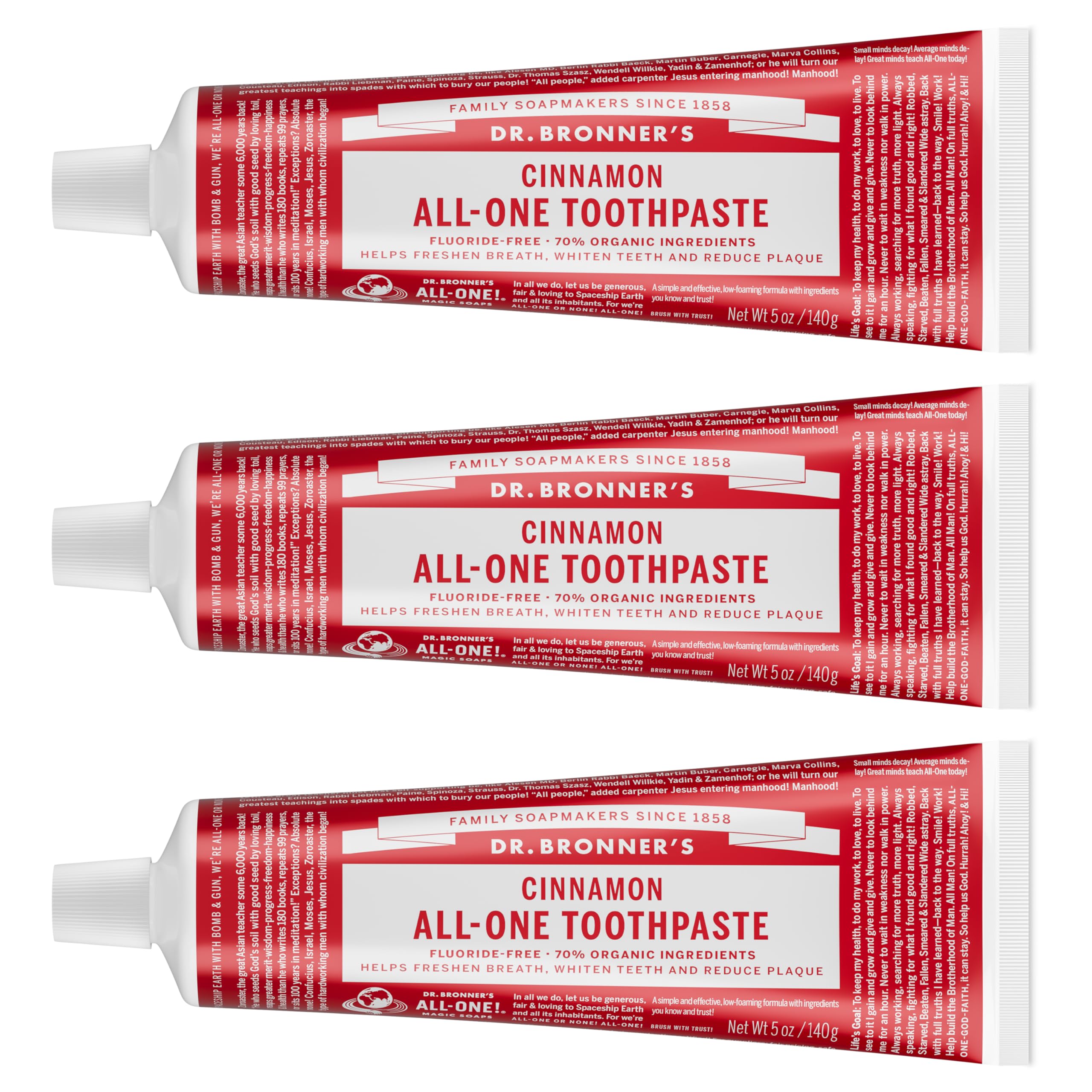 Front view of Dr. Bronner’s All-One Cinnamon toothpaste 3-pack