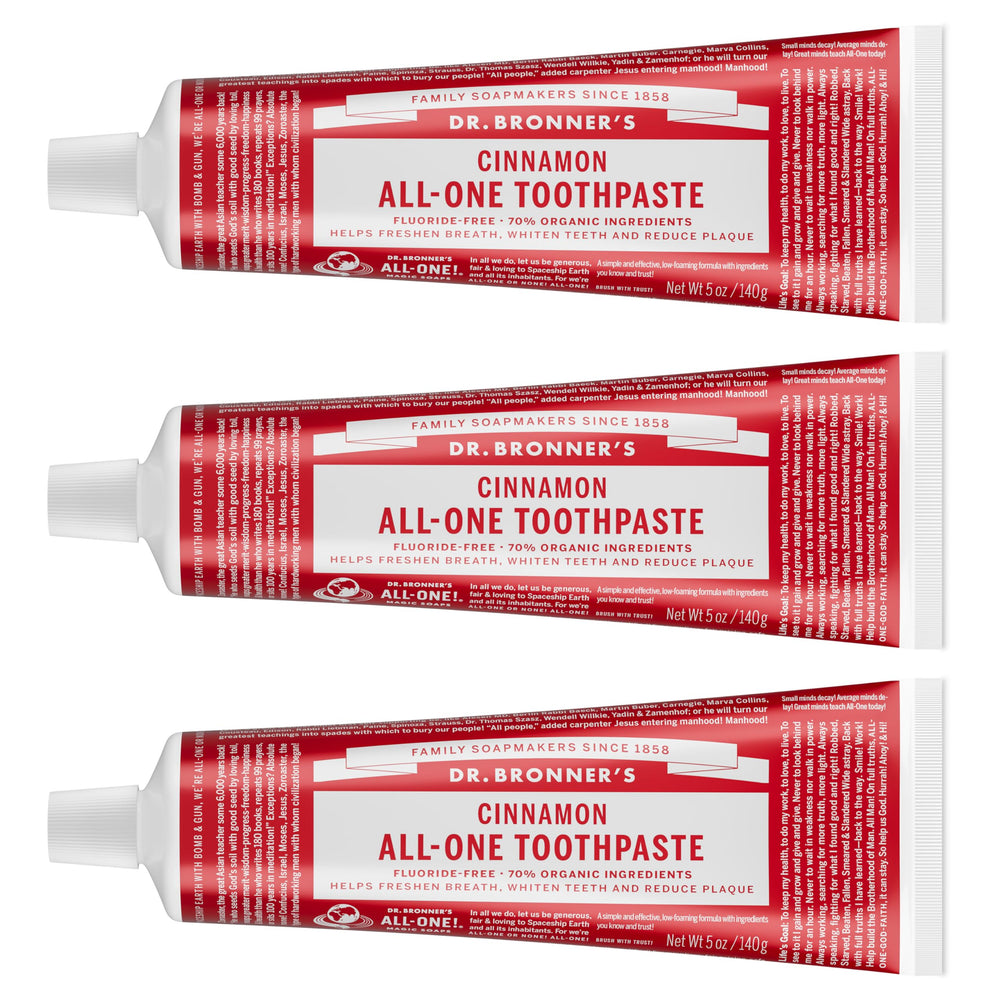 Front view of Dr. Bronner’s All-One Cinnamon toothpaste 3-pack