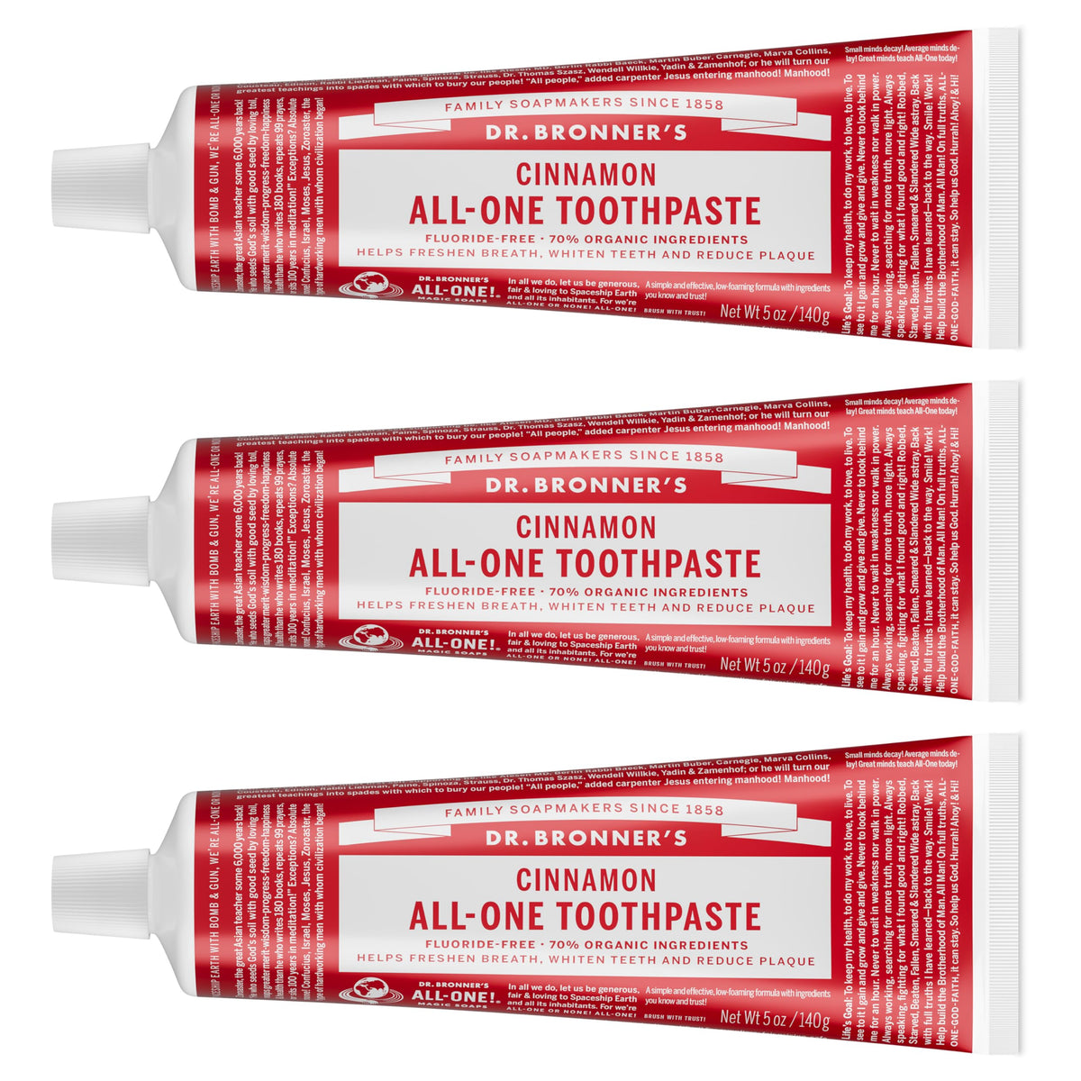 Front view of Dr. Bronner’s All-One Cinnamon toothpaste 3-pack