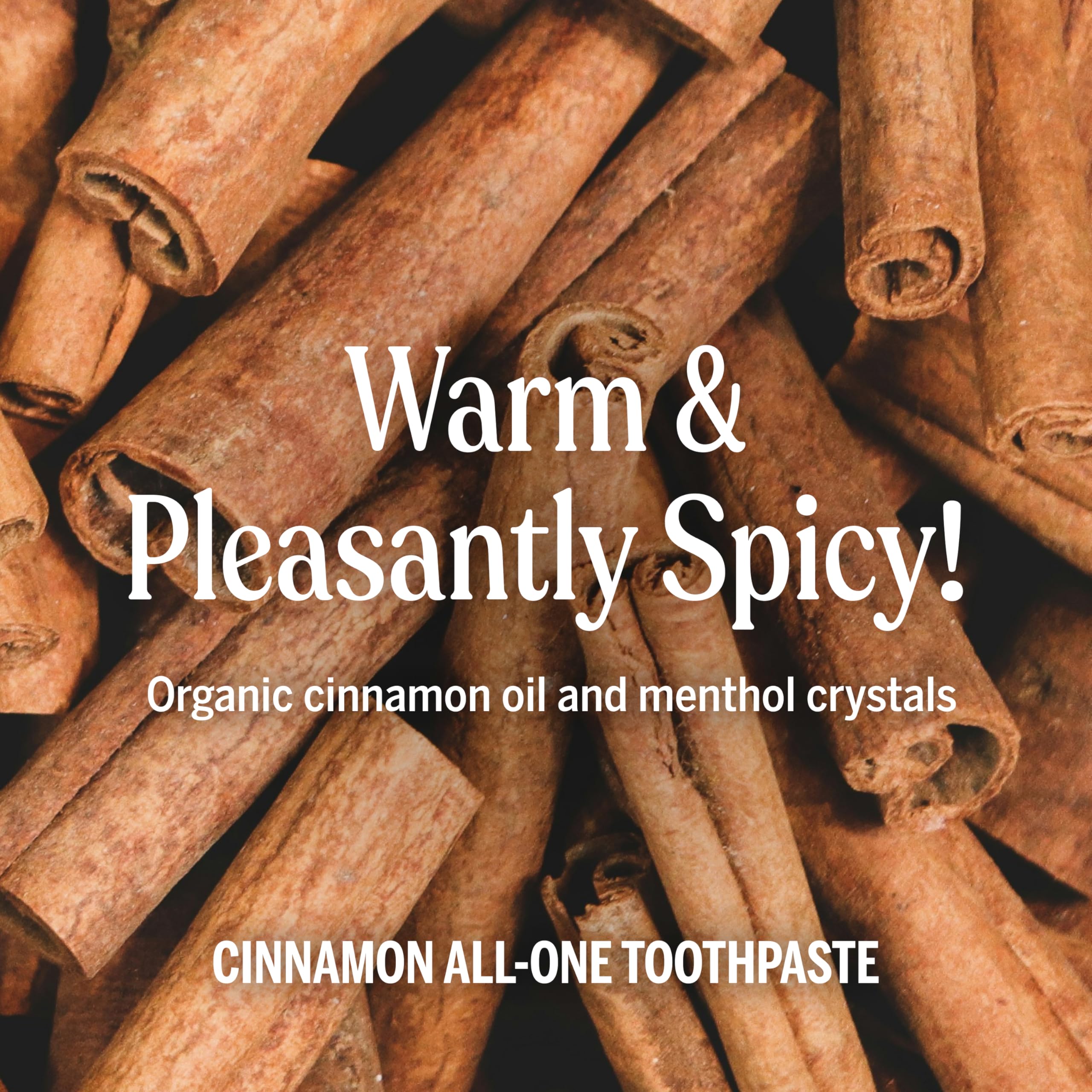Close-up of toothpaste label showing cinnamon flavor