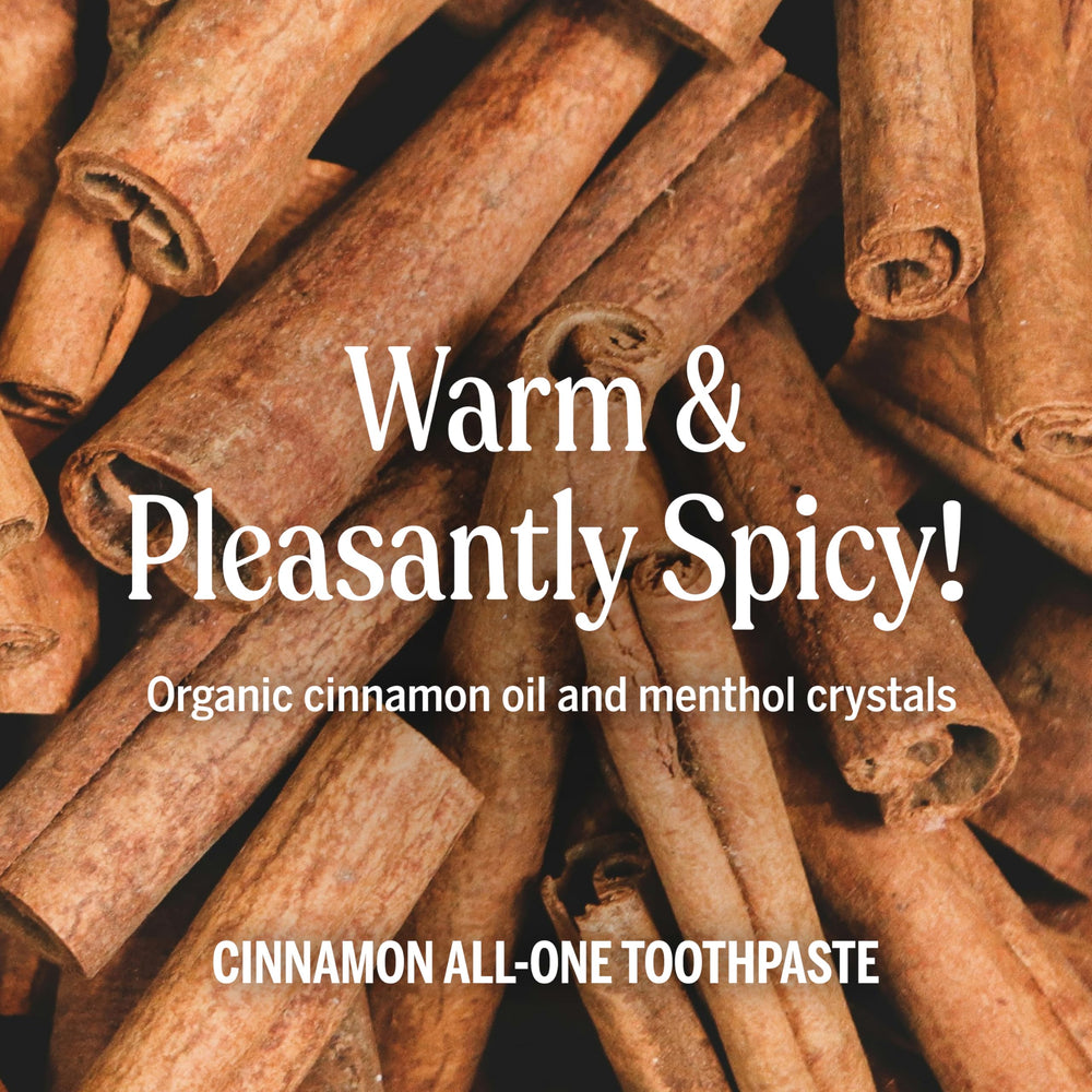 Close-up of toothpaste label showing cinnamon flavor