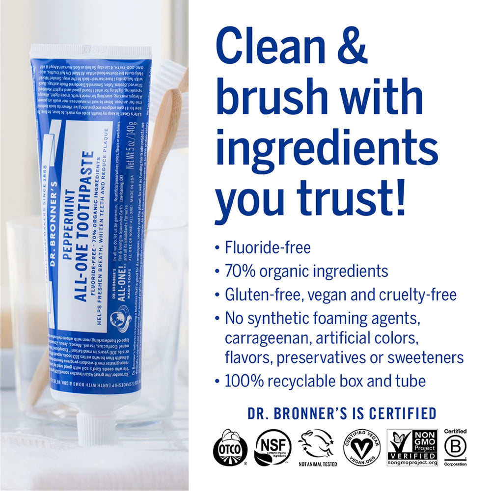 Fluoride-free label on Dr. Bronner’s All-One Toothpaste