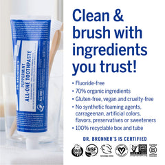Fluoride-free label on Dr. Bronner’s All-One Toothpaste