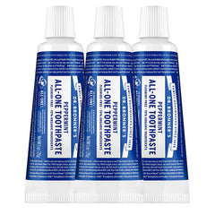 Dr. Bronner’s All-One Toothpaste Peppermint 3-pack packaging with three 1 oz tubes