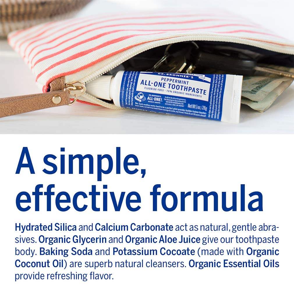 No synthetic foaming agents SLS-free label on Dr. Bronner’s toothpaste