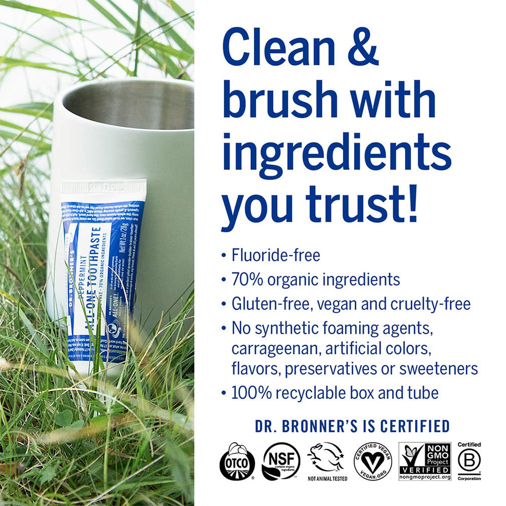 Vegan and cruelty-free Dr. Bronner’s All-One Toothpaste
