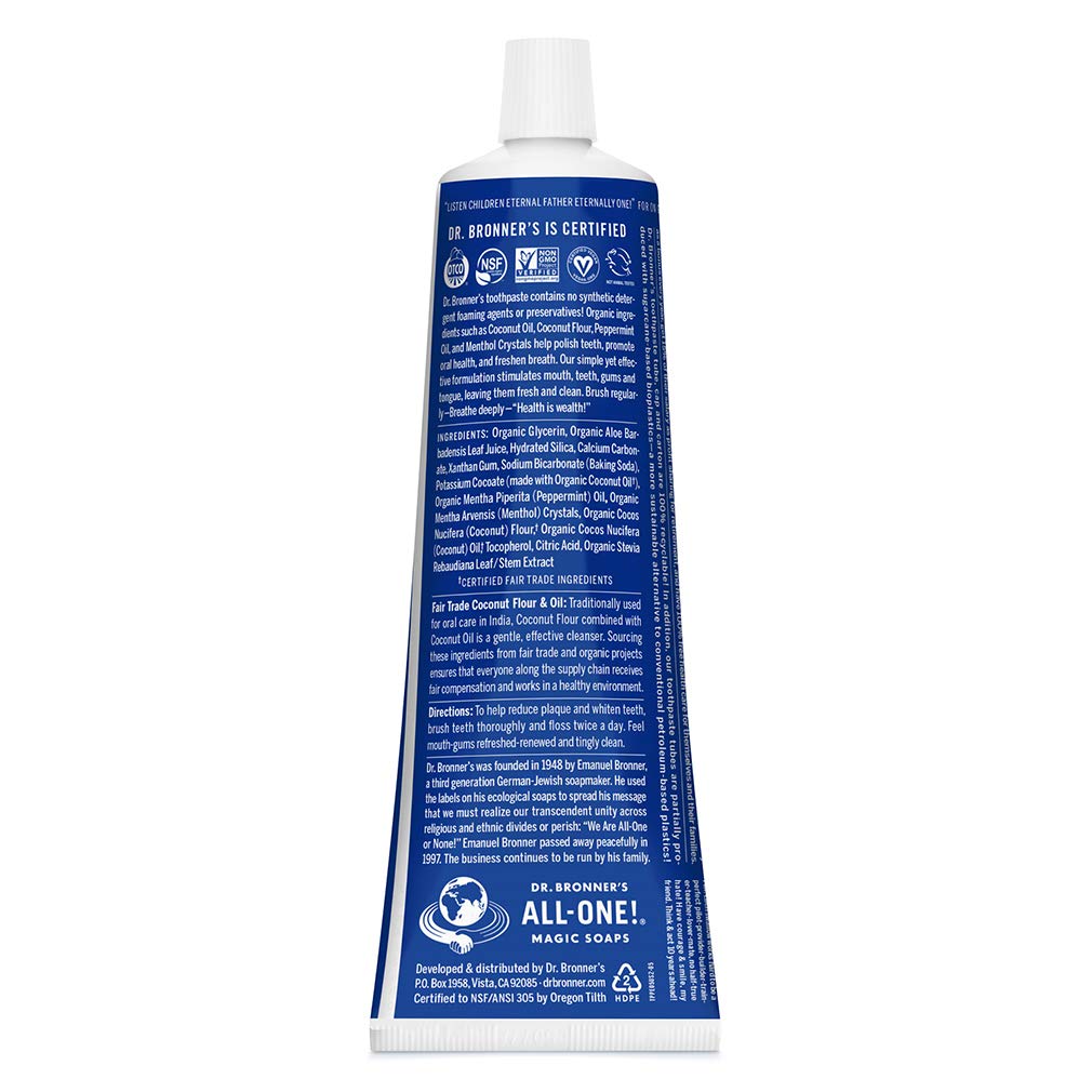 Close-up of toothpaste tube showing 70% organic ingredients