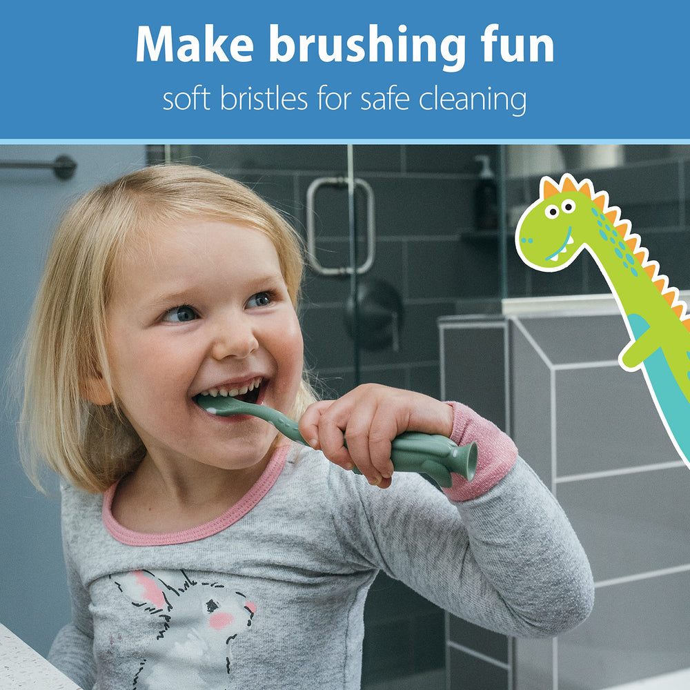 Close-up of soft bristles on Dr. Brown's Dinosaur Toddler Toothbrush