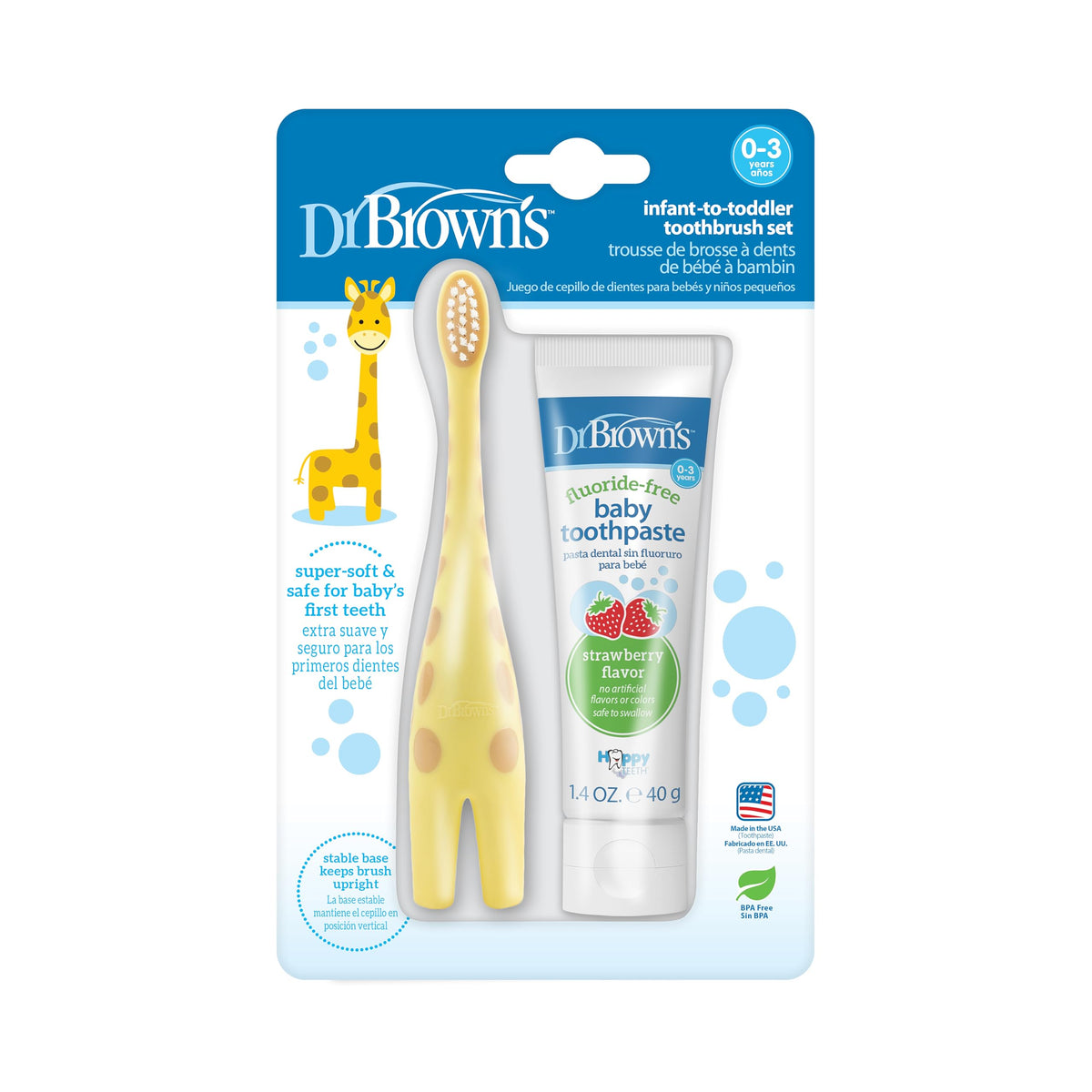 Dr. Brown's infant-to-toddler toothbrush set with giraffe design and strawberry toothpaste (0-3 years)