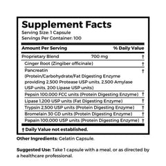 Ingredients list: ginger root, pancreatin, pepsin, lipase, trypsin, bromelain, papain