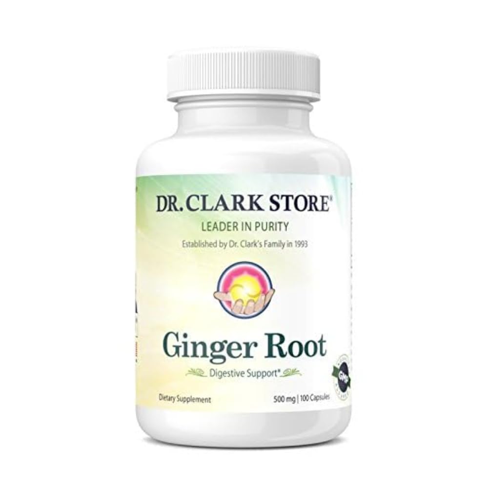 Box packaging of Dr. Clark Ginger Root Supplement 500 mg, 100 capsules