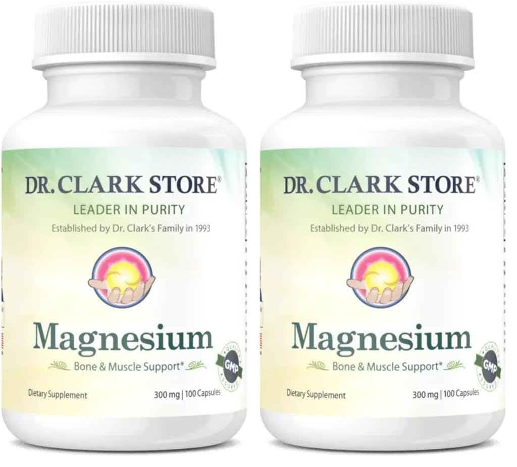 Front view of Dr. Clark Magnesium Oxide Supplement bottle, 300 mg, 100 capsules, pack of 2
