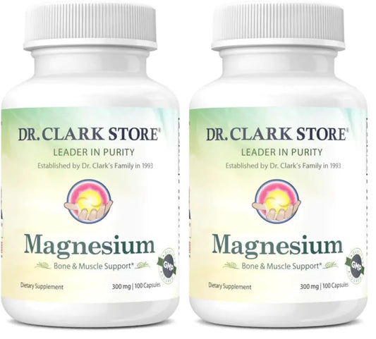 Front view of Dr. Clark Magnesium Oxide Supplement bottle, 300 mg, 100 capsules, pack of 2