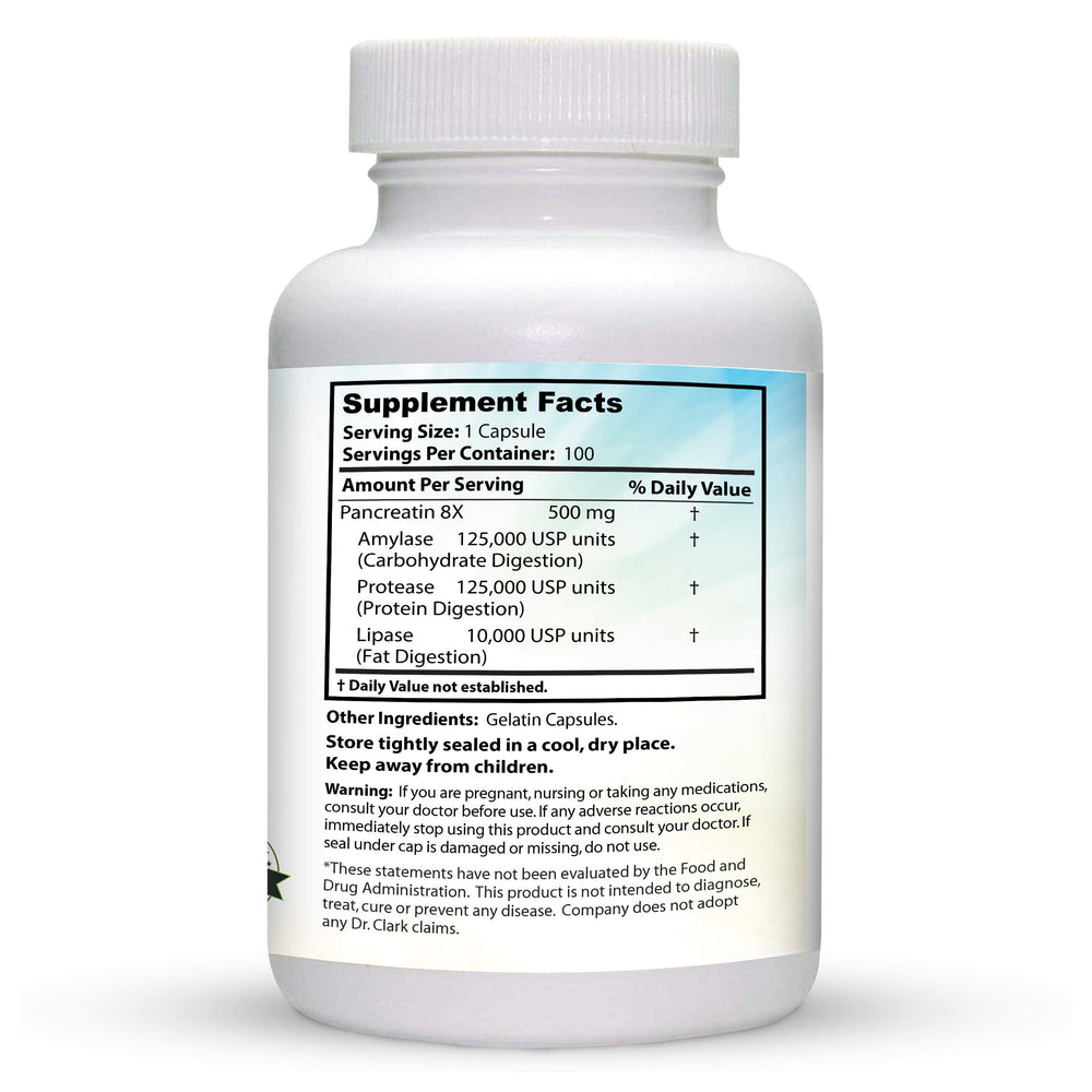 Digestive enzymes graphic featuring pancreatin 8X