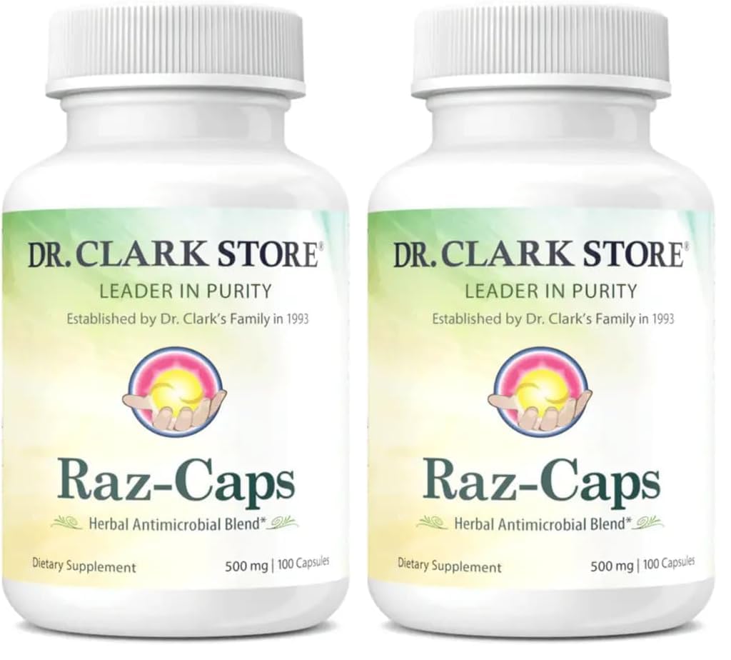 Front view of Dr. Clark Raz-Caps 500mg bottle