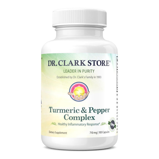 Dr Clark Store Turmeric & Black Pepper Extract bottle with 710mg per capsule and 100 capsules