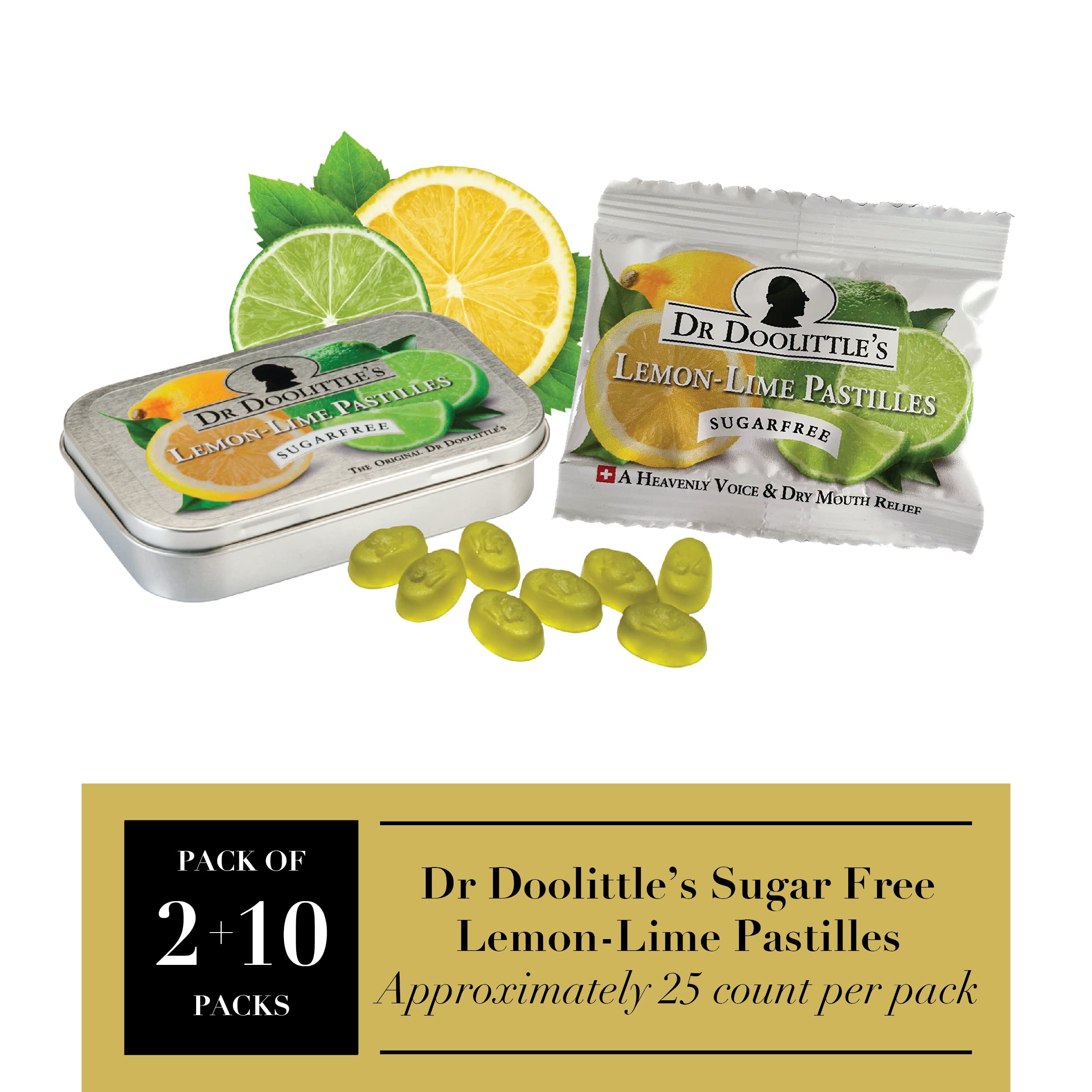 Metal tin packaging for Dr Doolittle's pastilles Lemon Lime