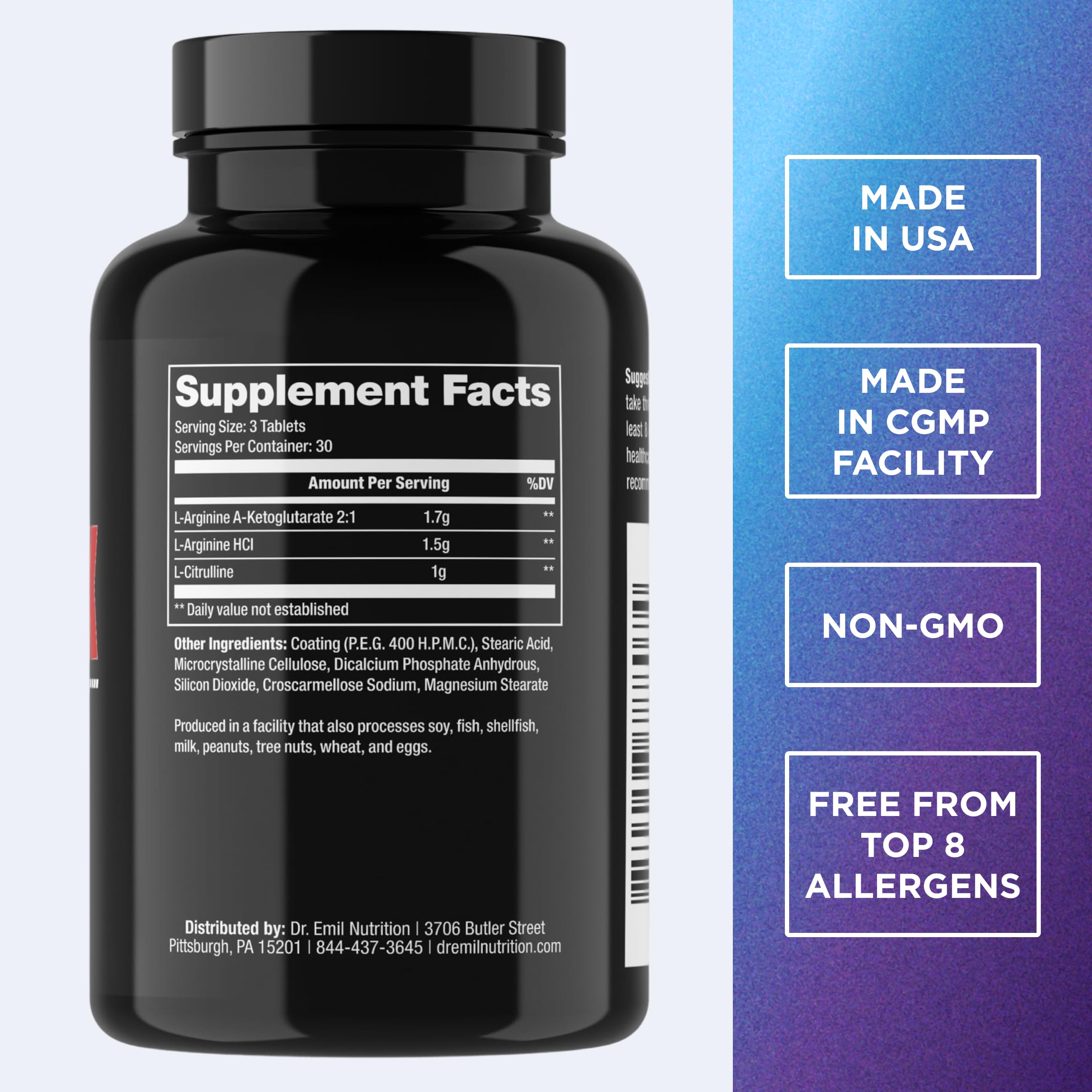 Dr. Emil Elite L-Arginine 3150mg bottle back with supplement facts