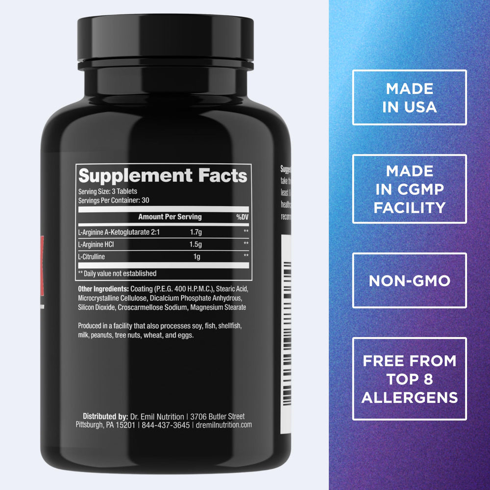 Dr. Emil Elite L-Arginine 3150mg bottle back with supplement facts