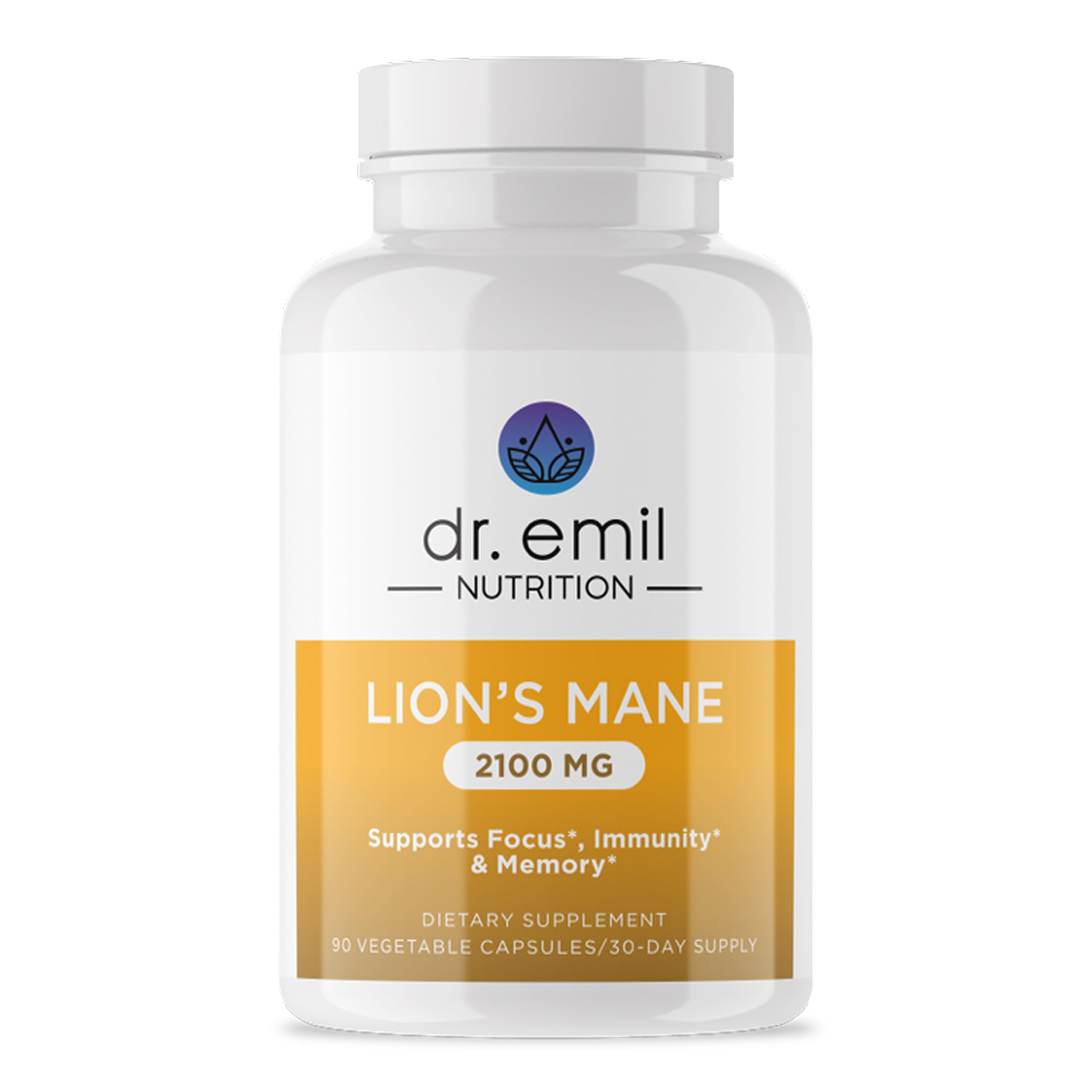 Front view of Dr. Emil Nutrition Lion's Mane 2100mg capsules bottle