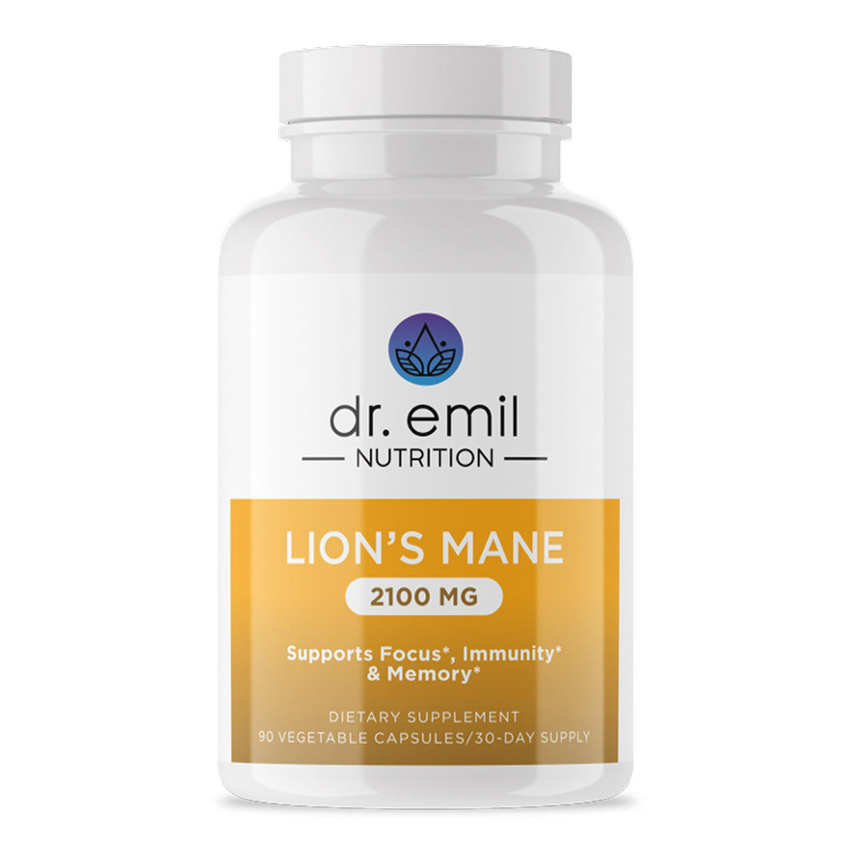 Front view of Dr. Emil Nutrition Lion's Mane 2100mg capsules bottle