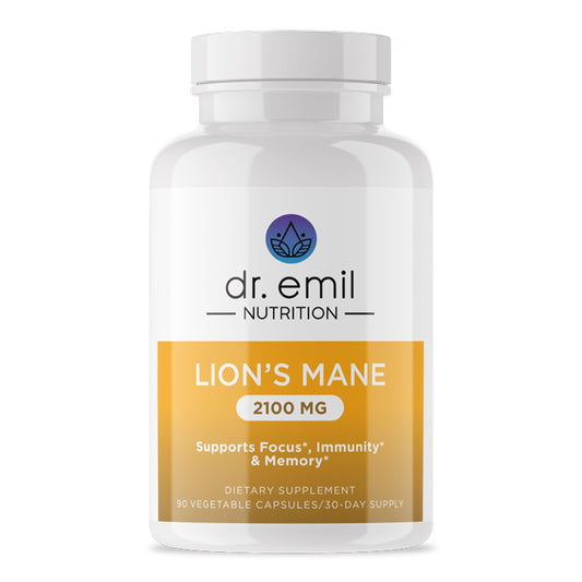 Front view of Dr. Emil Nutrition Lion's Mane 2100mg capsules bottle
