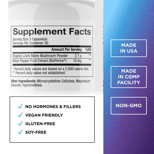 Close-up of Lion's Mane extract powder and capsules