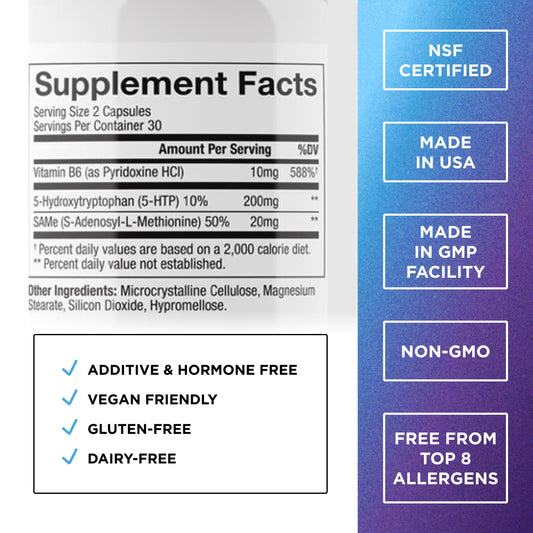 5-HTP Plus with SAM-e – 60 vegan capsules packaging close-up