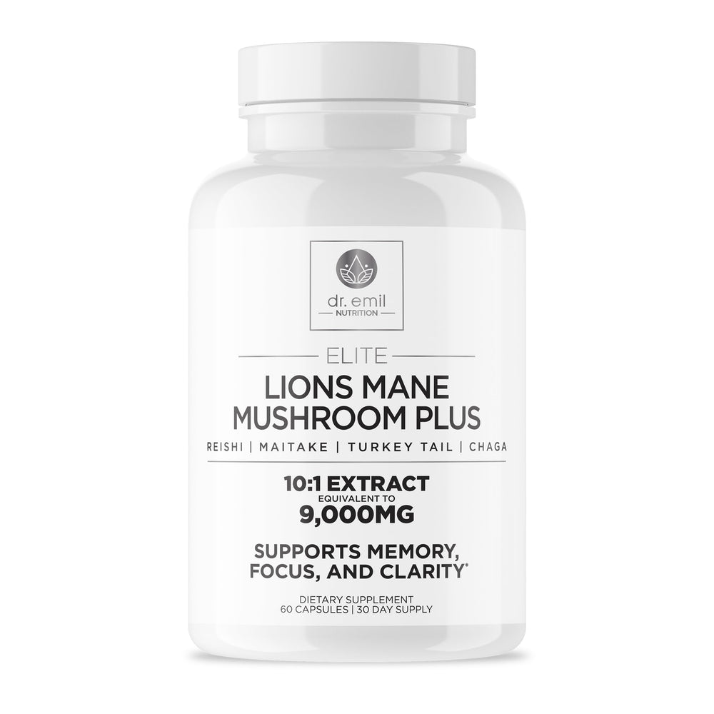 Bottle of Dr. Emil Nutrition 9000mg Lion's Mane capsules with Chaga, Reishi and Maitake