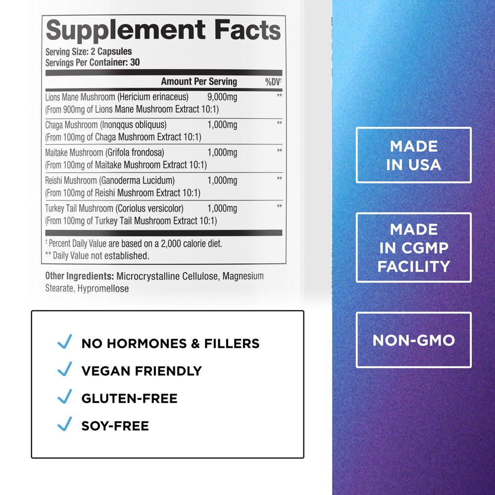 Close-up of Lion's Mane extract capsules highlighting potency