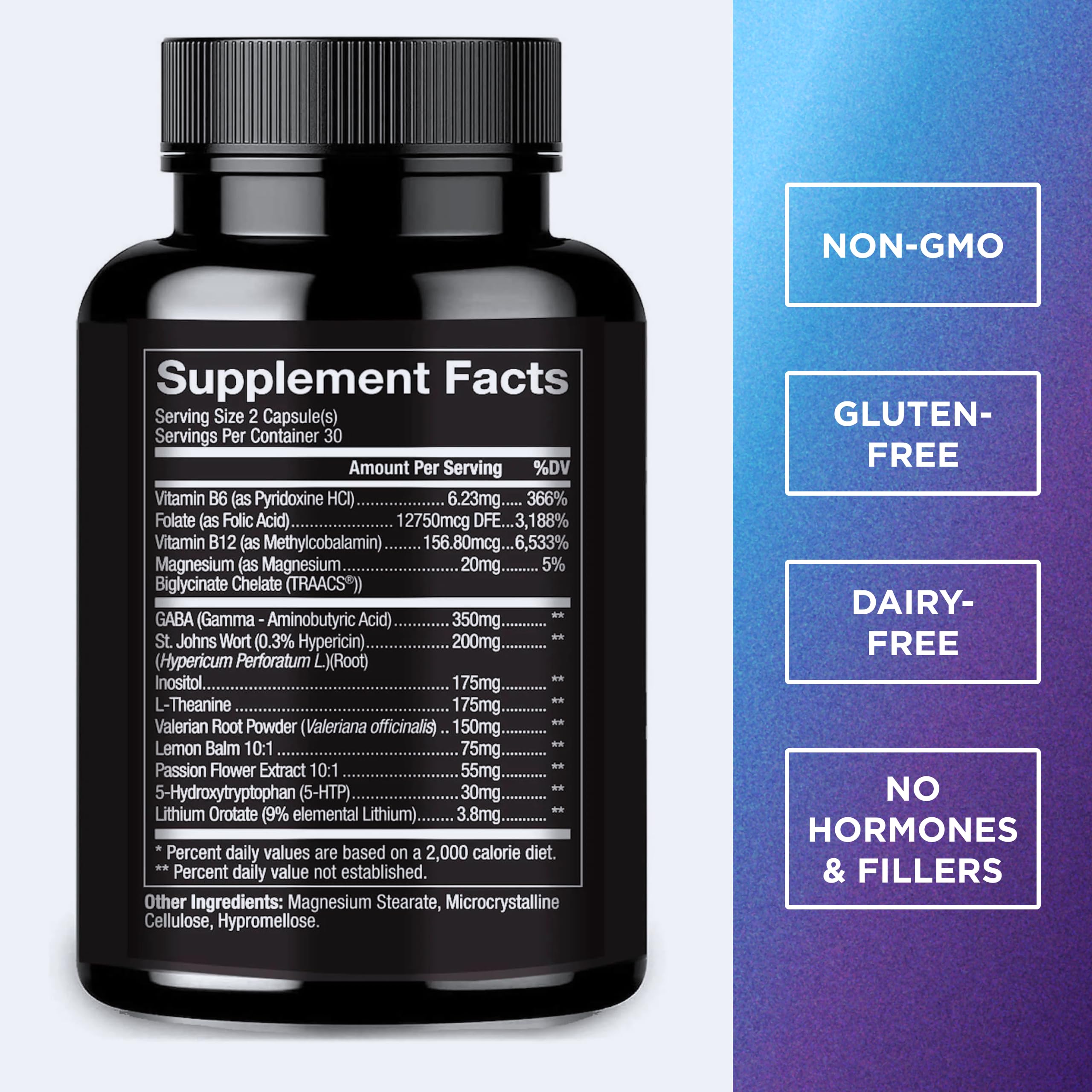 Ingredients: GABA, L-Theanine, 5-HTP, St. John’s Wort illustration