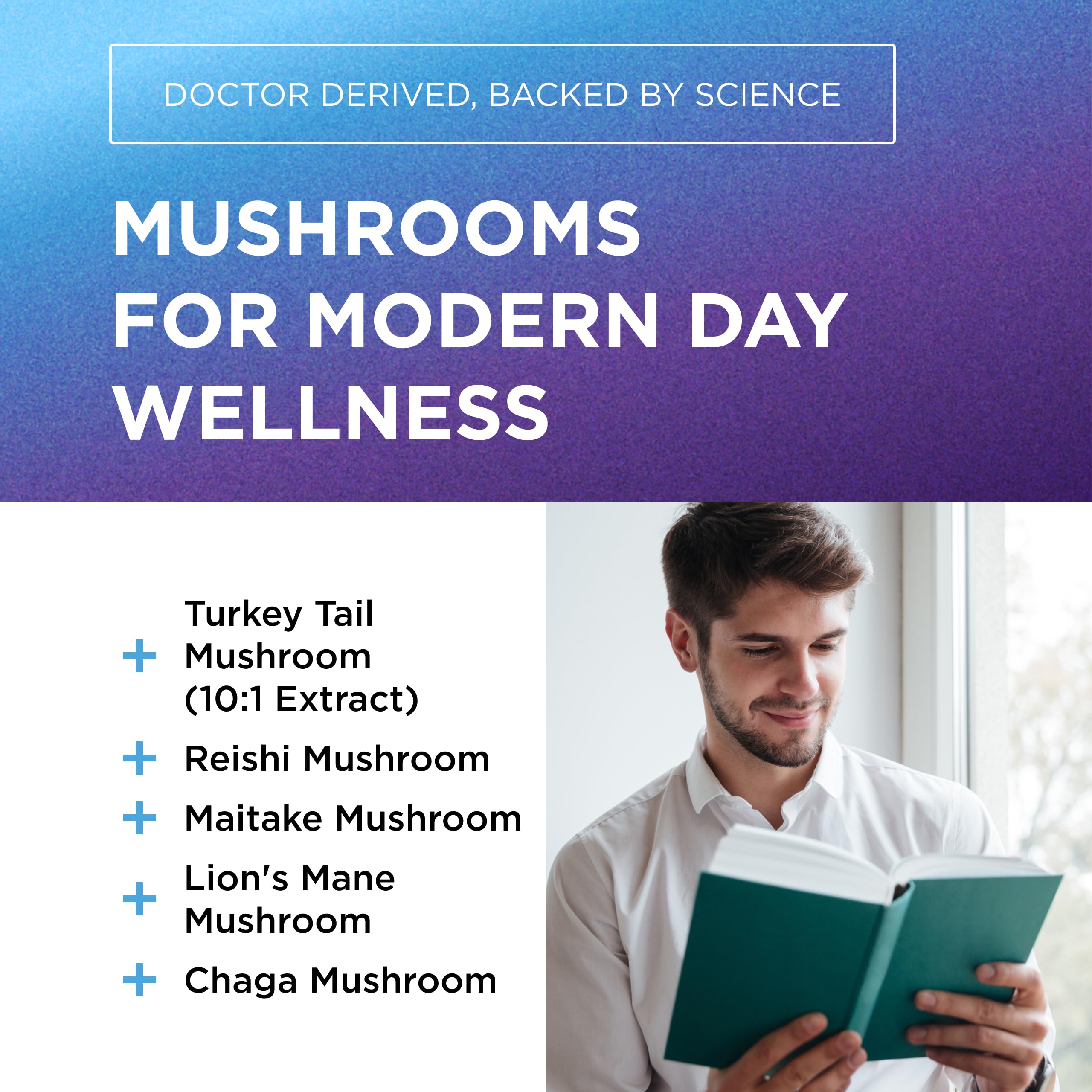 Five-mushroom blend: Lion's Mane, Chaga, Maitake and Reishi in 10:1 extract