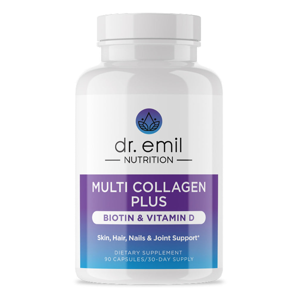 Front view of DR. EMIL Nutrition Multi Collagen Plus bottle with Biotin and Vitamin D