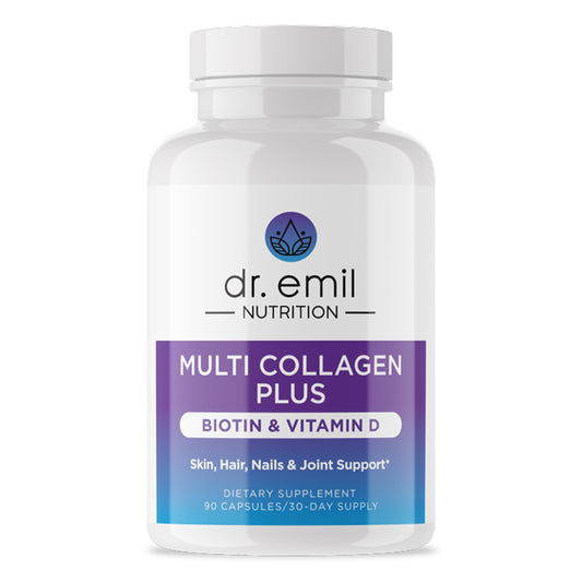 Front view of DR. EMIL Nutrition Multi Collagen Plus bottle with Biotin and Vitamin D
