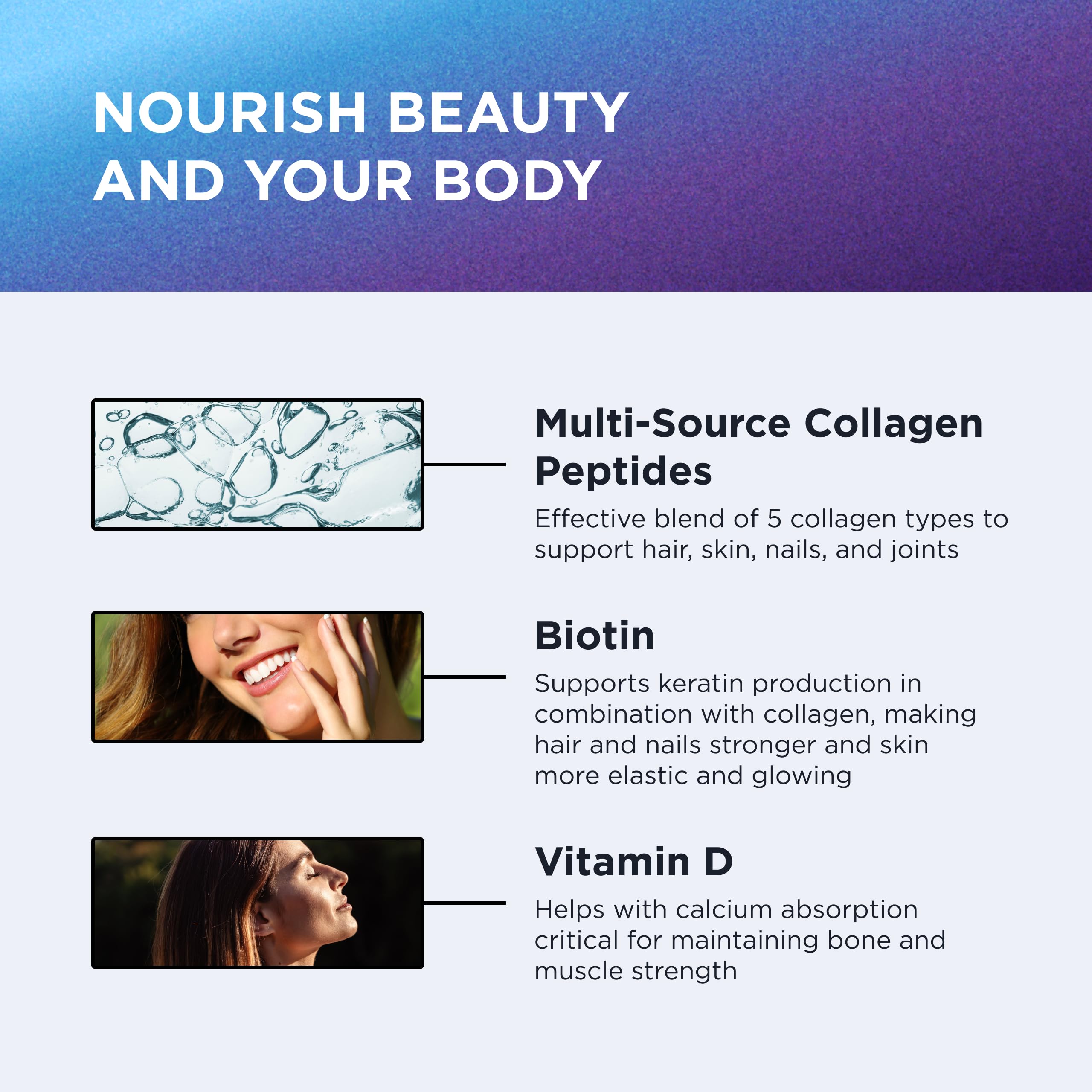 Illustration of benefits for hair, skin and nails