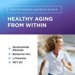 NAD+ benefits graphic showing cellular energy, DNA repair, and longevity