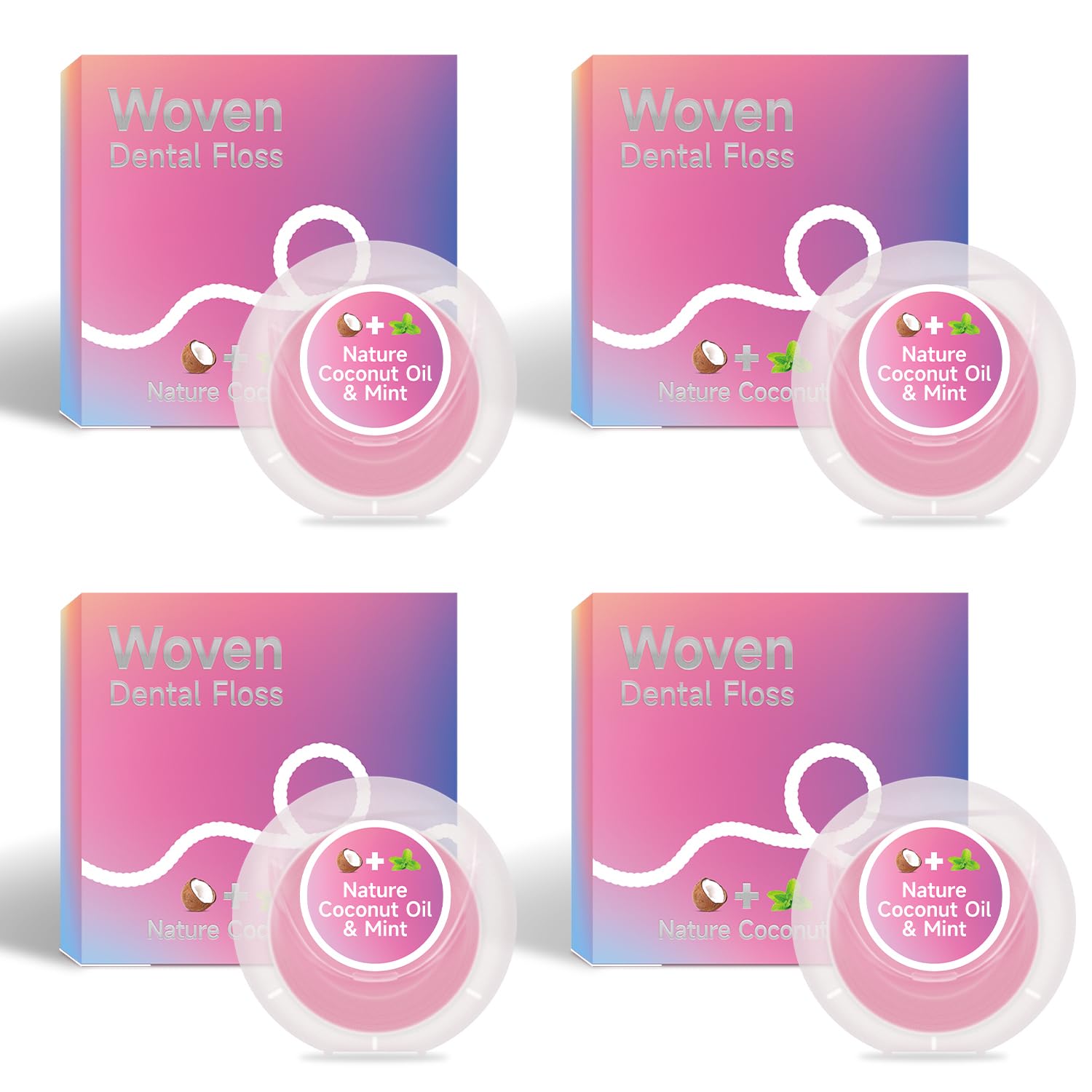 Front packaging of Dr. Emma Woven Dental Floss coconut oil infused expanding floss mint pink 33yd pack of 4