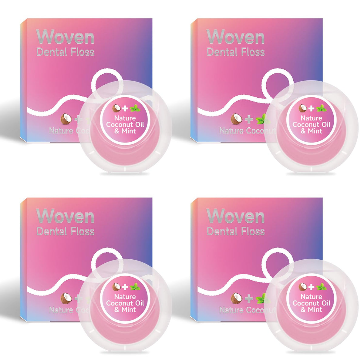 Front packaging of Dr. Emma Woven Dental Floss coconut oil infused expanding floss mint pink 33yd pack of 4