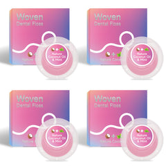 Front packaging of Dr. Emma Woven Dental Floss coconut oil infused expanding floss mint pink 33yd pack of 4