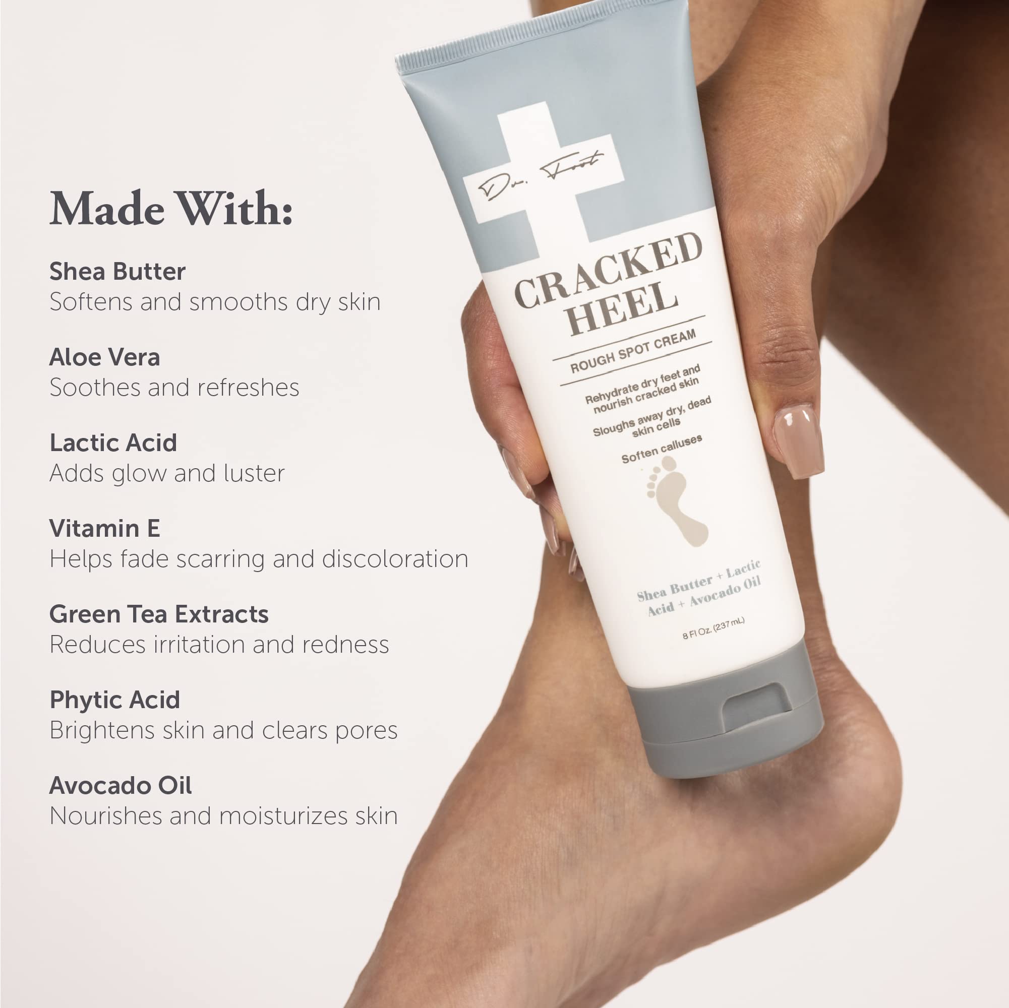 Dr. Foot lactic acid exfoliation focuses on removing dead skin for smoother feet.