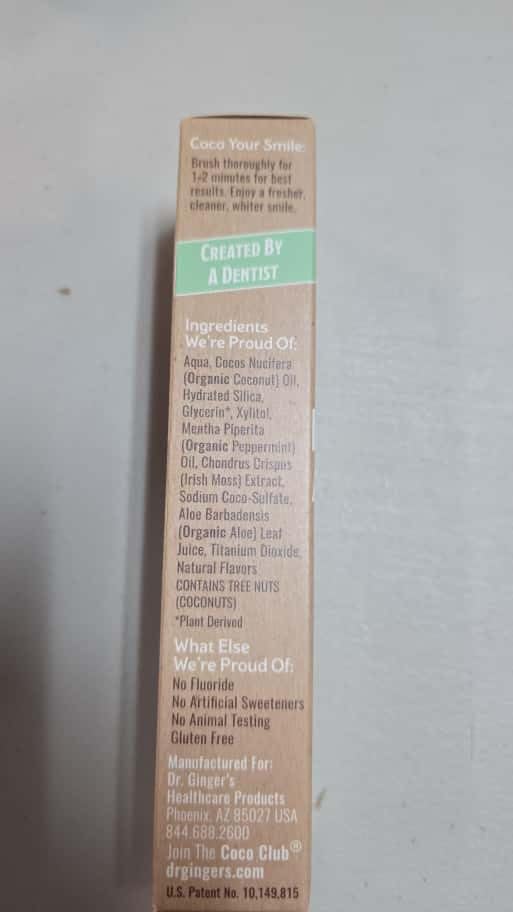 Ingredients and natural formula label on Dr. Ginger's toothpaste - image 3
