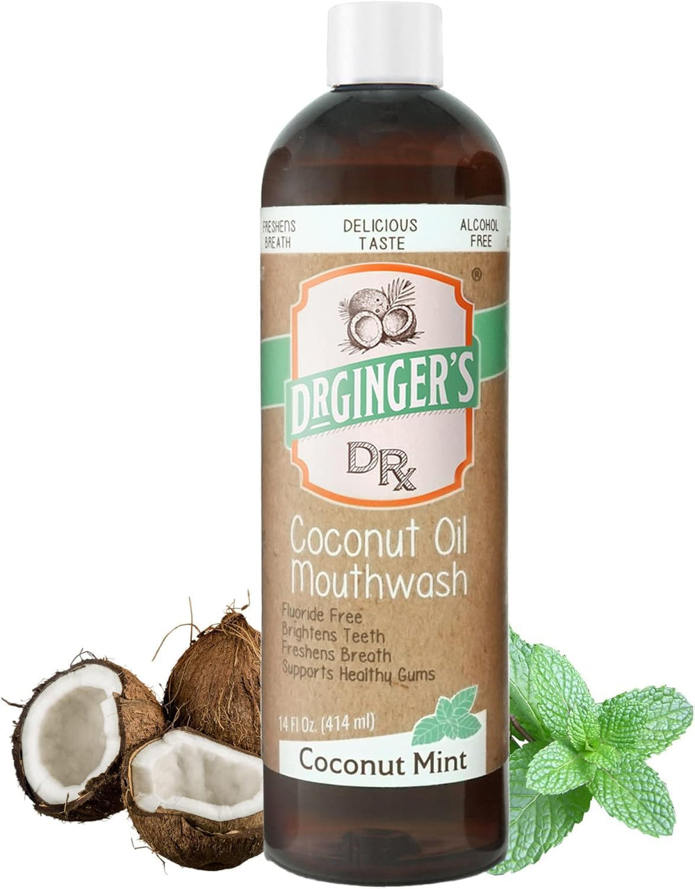 Dr. Ginger’s Coconut Oil Pulling Mouthwash bottle with mint flavor