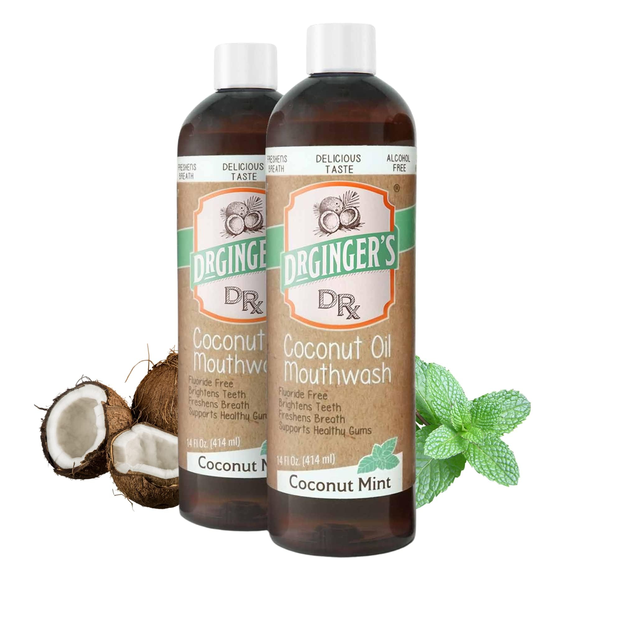 Front view of Dr. Ginger’s Coconut Oil Pulling Mouthwash Mint bottle