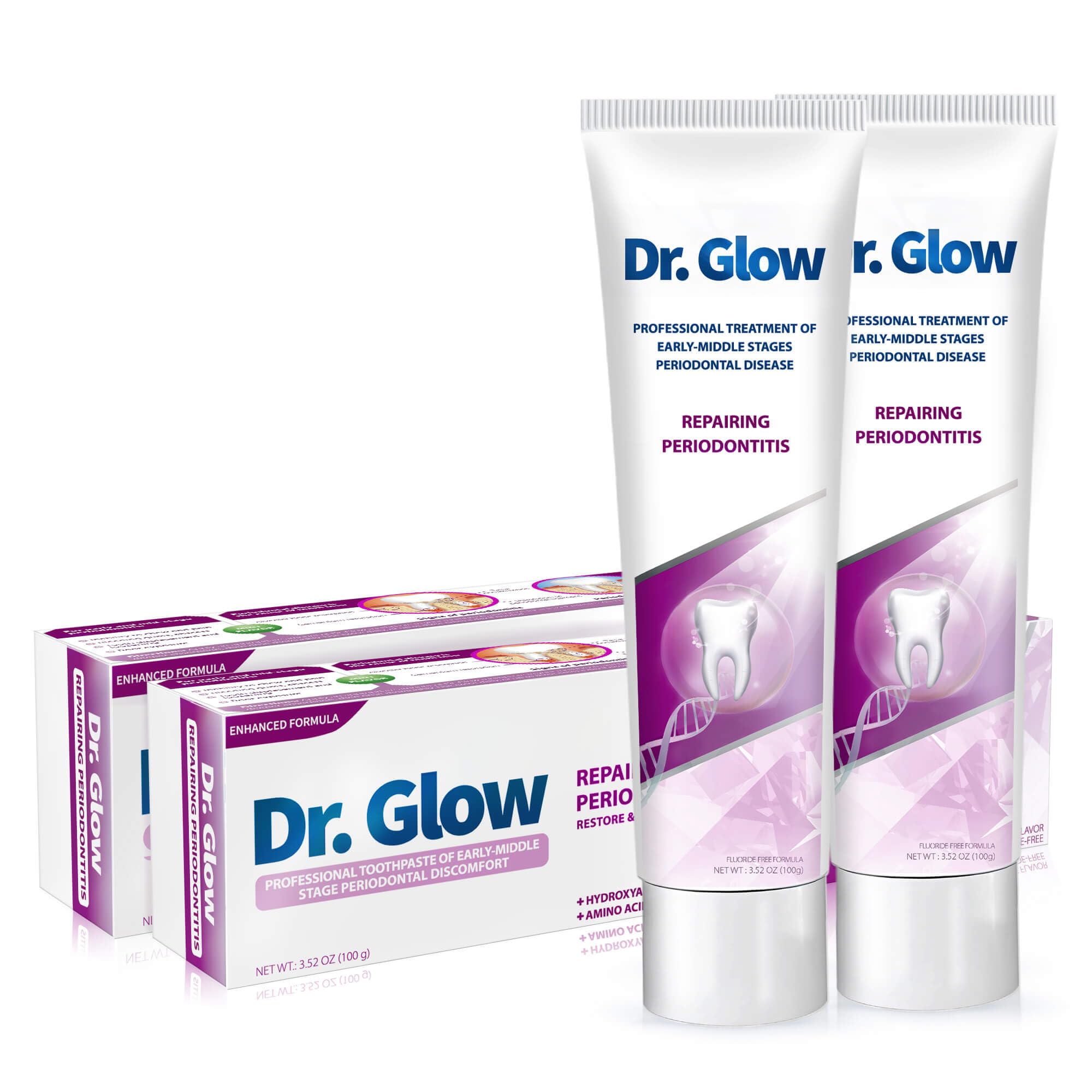Two-tube hero image for Dr. Glow Gum Repair toothpaste