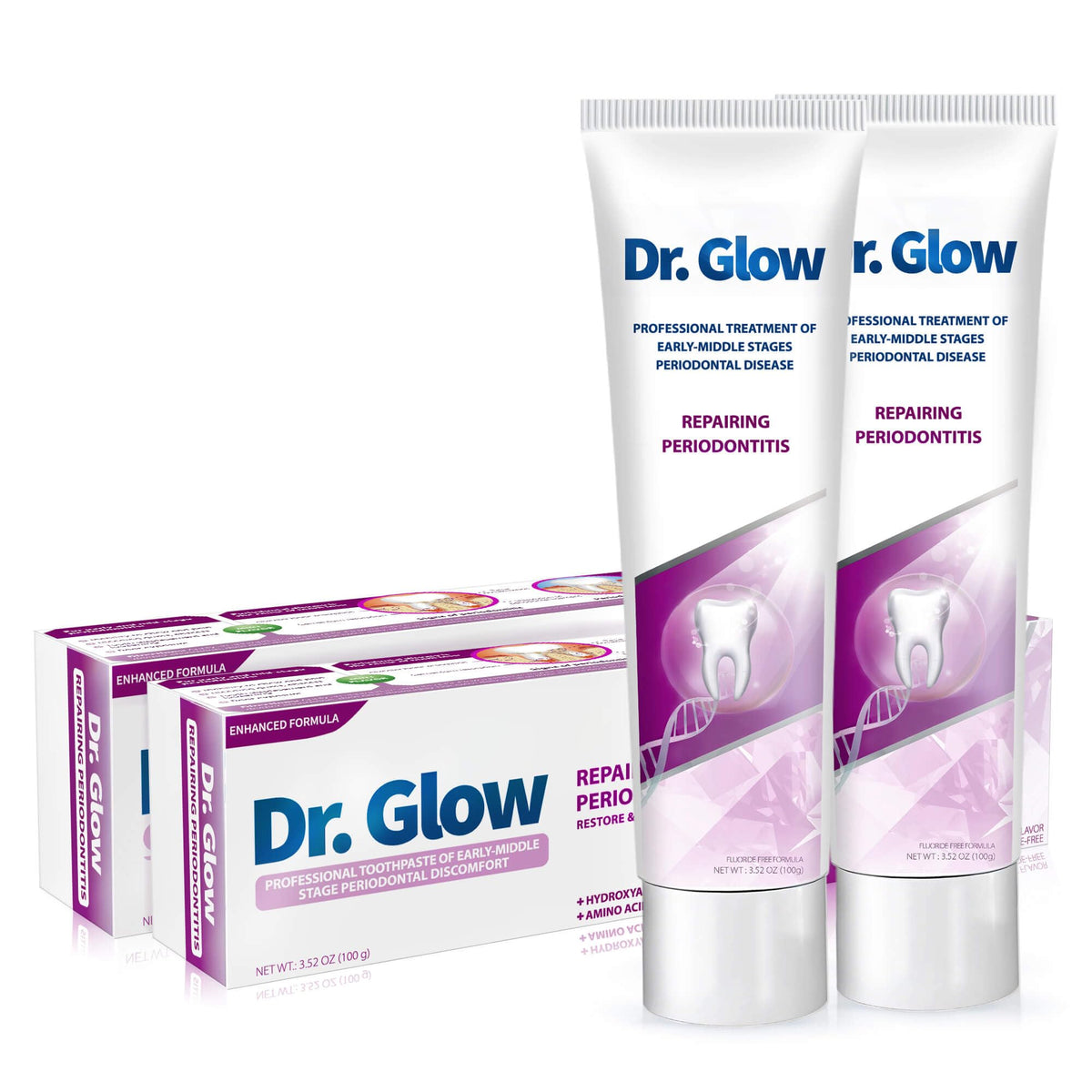 Two-tube hero image for Dr. Glow Gum Repair toothpaste