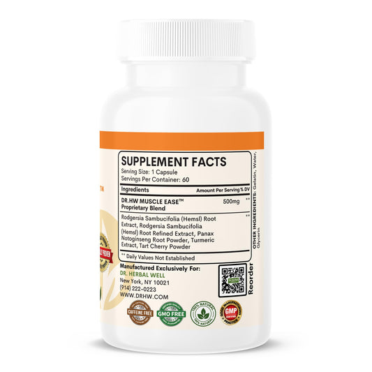Muscle Ease capsules arranged beside bottle