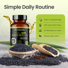 Bottle and label of Dr Herbalist Black Seed Oil 1600mg 60 softgels
