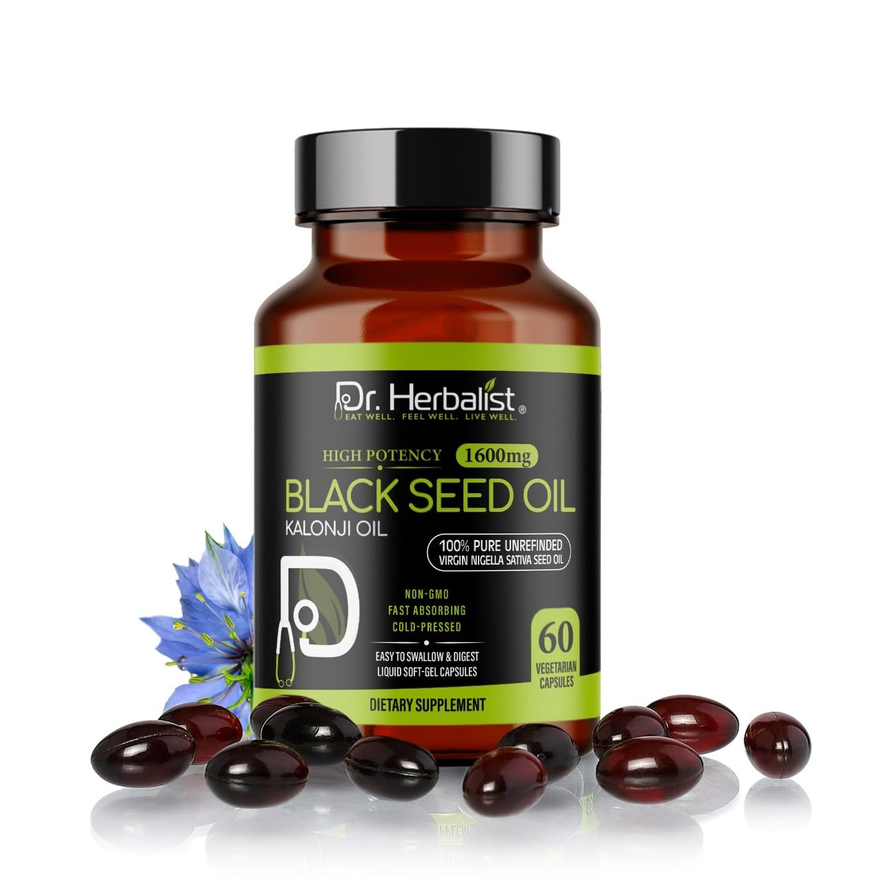 Front view of Dr Herbalist Black Seed Oil bottle 1600mg 60 softgels